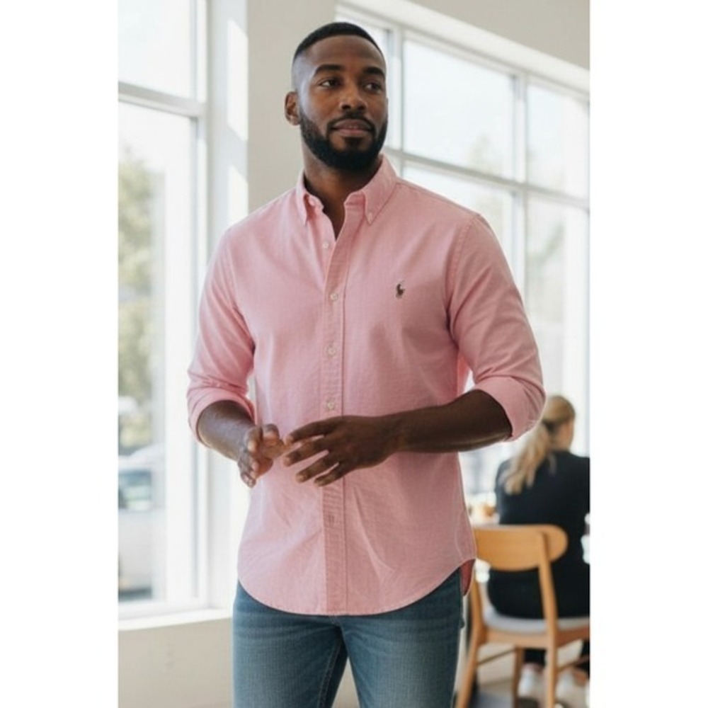 Ralph Lauren Men's Size L Pink Custom Fit Long-Sleeve Pony Button Down  Shirt